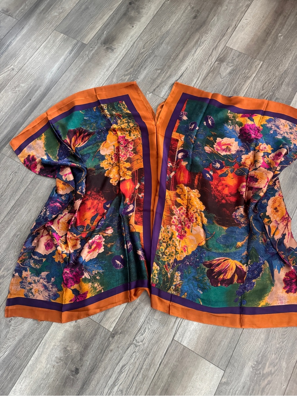 Boutique Silky Scarf Kaftan Tunic Dress Vibrant Floral Jewel Tone OSFM Boho - Picture 10 of 11